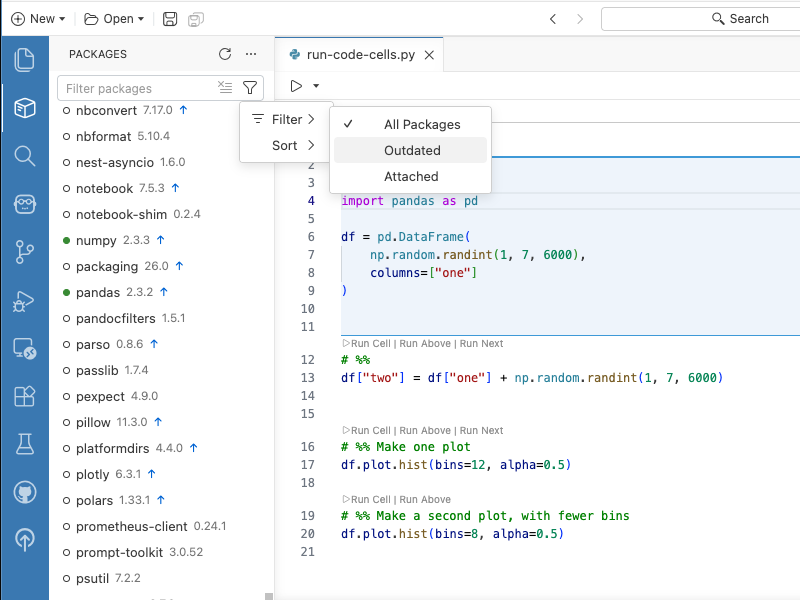 The Packages pane showing installed Python packages