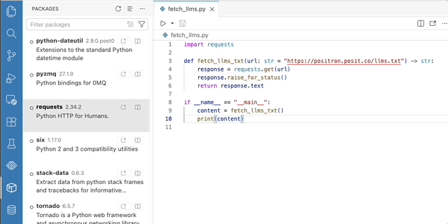 The Packages pane in Positron, showing installed Python packages with a detail editor.