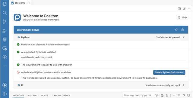 The redesigned Positron welcome page, showing the environment setup card and the Get Started walkthrough banner