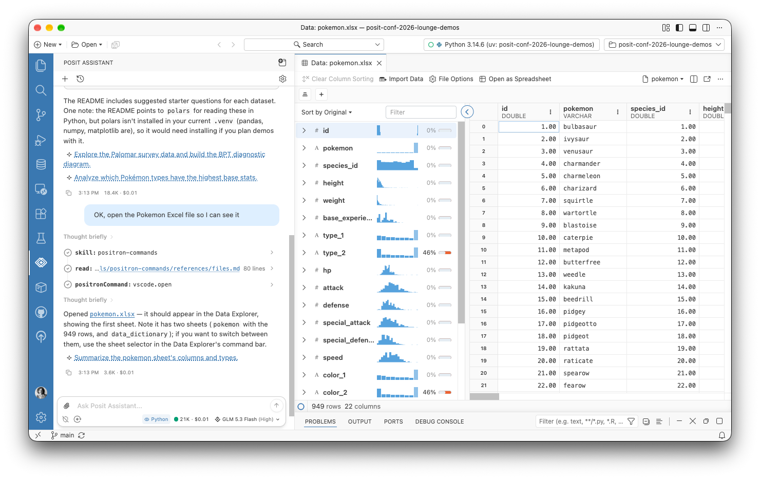 Positron with the Posit Assistant chat beside the Data Explorer, which shows pokemon.xlsx that Posit Assistant opened.